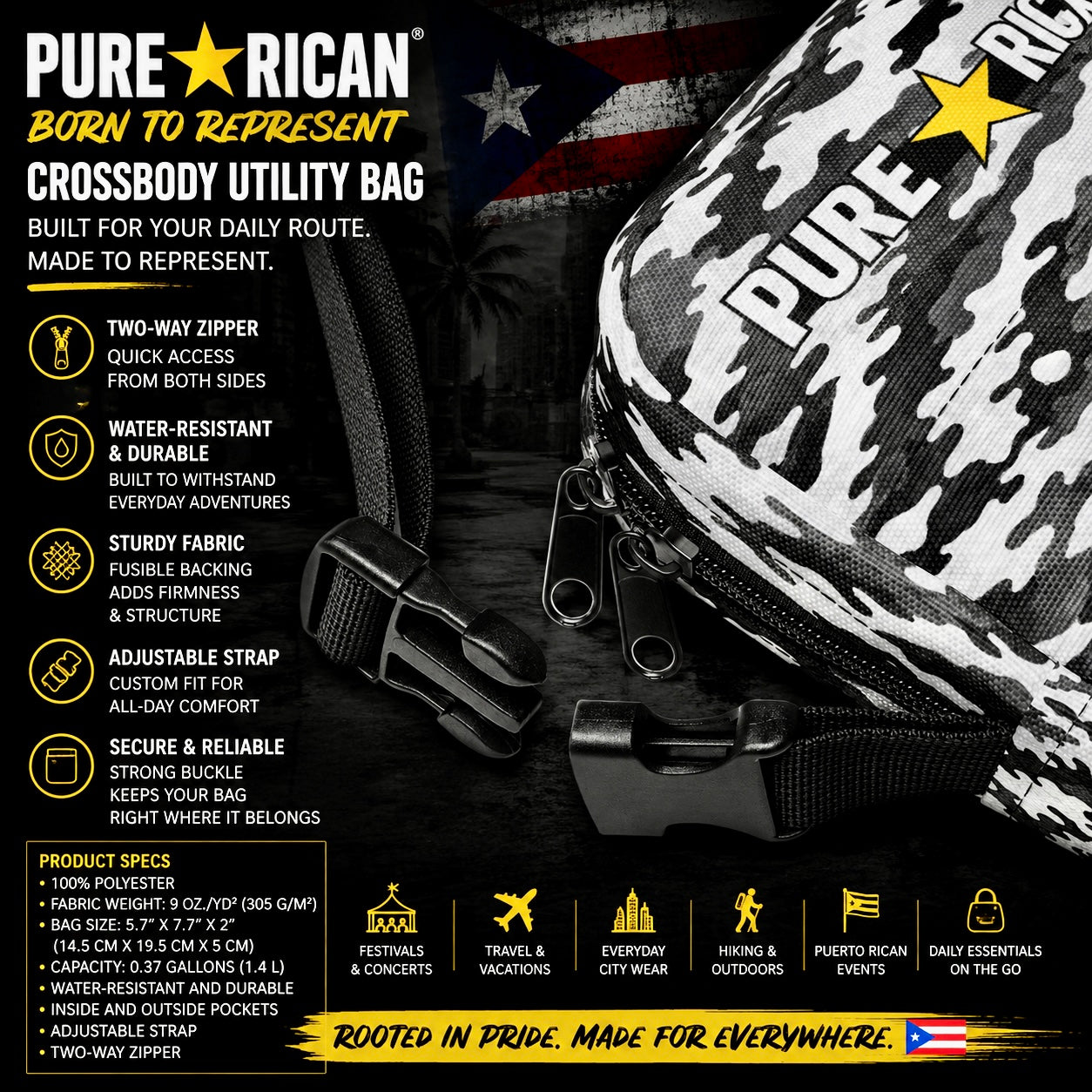 Full front product image of the Pure⭐️Rican Midnight Camo Boricua Crossbody Utility Bag featuring Puerto Rican-inspired black and white camo, adjustable strap, Pure⭐️Rican logo, and Sapo Concho seal.
