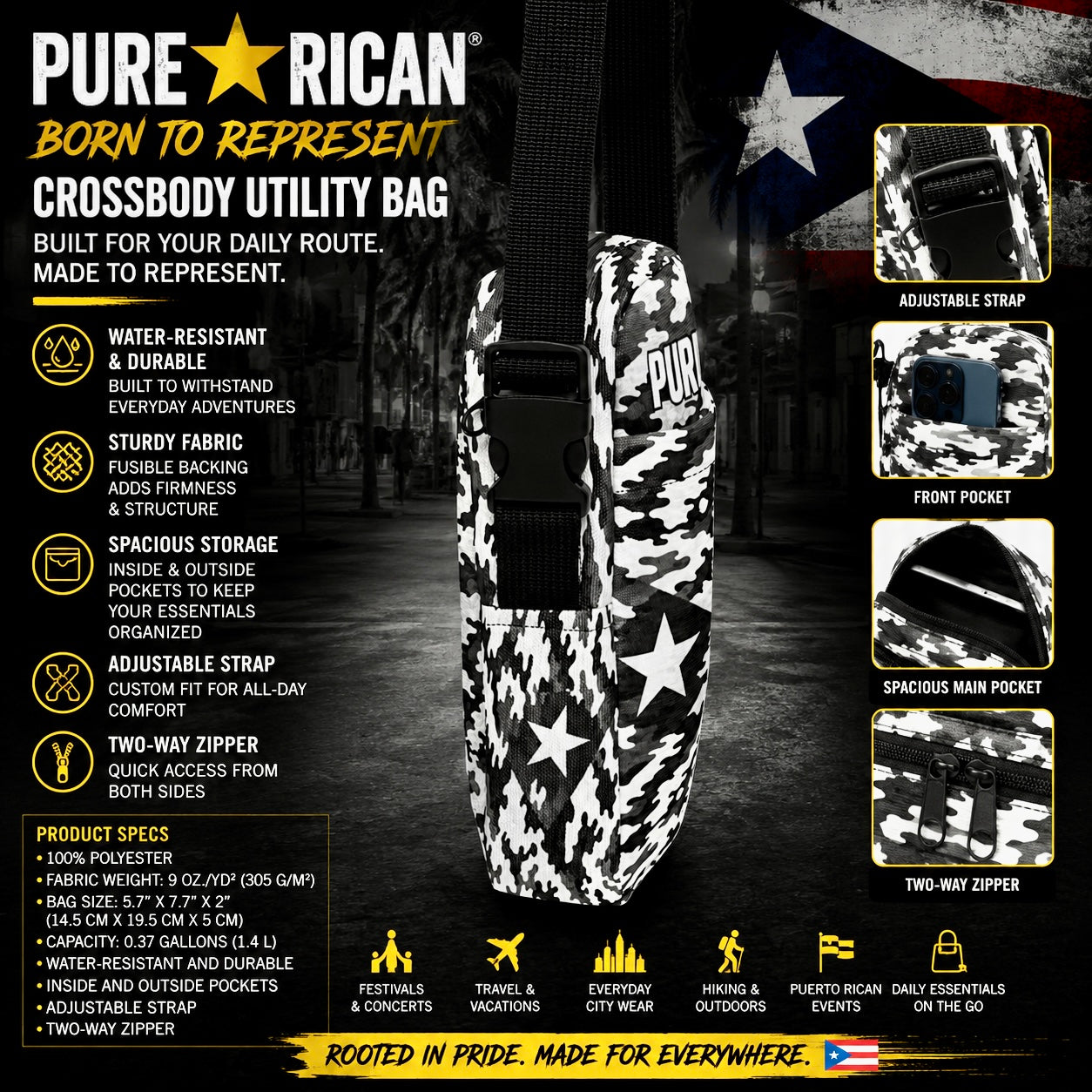 Close-up of the Pure⭐️Rican Midnight Camo Utility Bag featuring signature Sapo Concho seal logo, Puerto Rican star detail, textured polyester fabric, and black-and-white camo pattern.