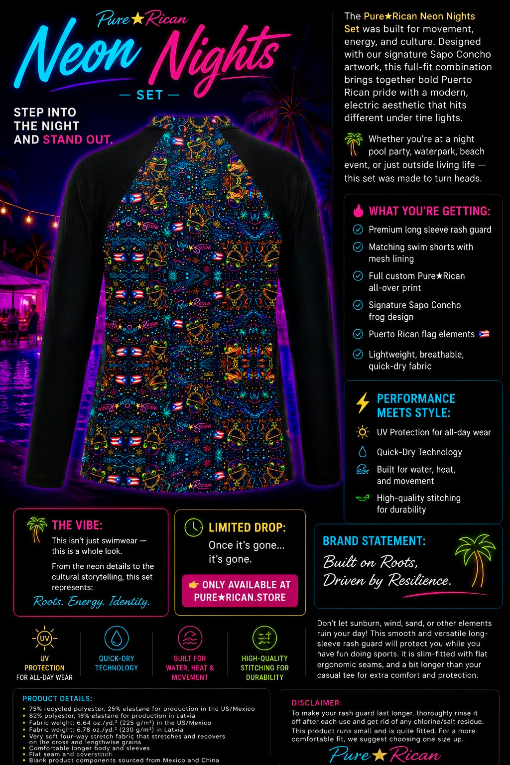 Lifestyle back view of the Pure⭐️Rican Neon Nights Rash Guard Set featuring the model standing poolside with a drink, showing the back design, neon tropical nightlife aesthetic, and Puerto Rican-inspired details.