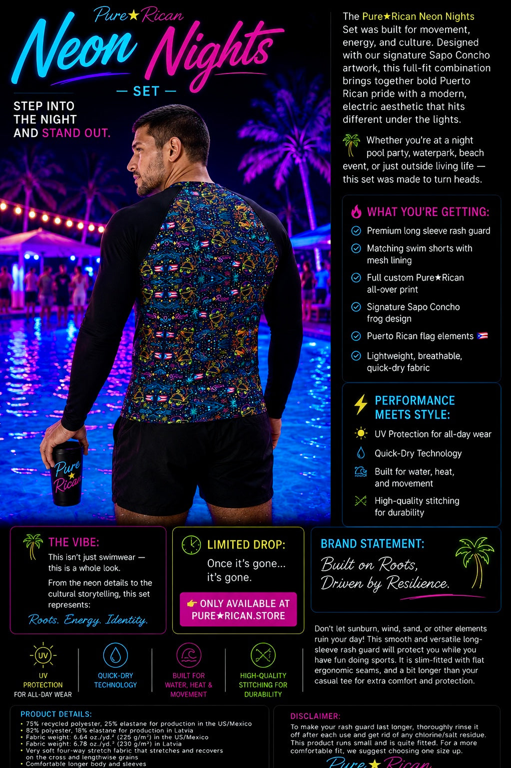 Premium back lifestyle view of the Pure⭐️Rican Neon Nights Rash Guard Set featuring the model holding a drink poolside, showcasing the back design with neon tropical nightlife vibes and Puerto Rican cultural elements.