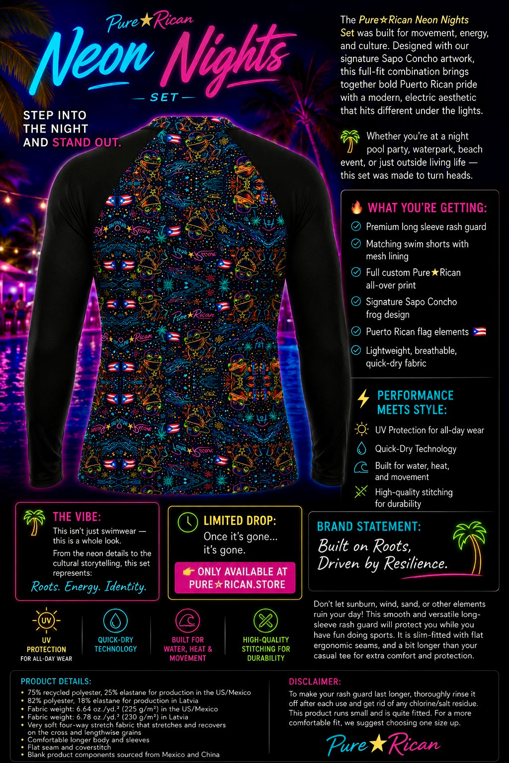 Back view of the Pure⭐️Rican Neon Nights Rash Guard Set showcasing the full neon all-over print, signature Sapo Concho artwork, Puerto Rican flag details, and premium neon nightlife backdrop.