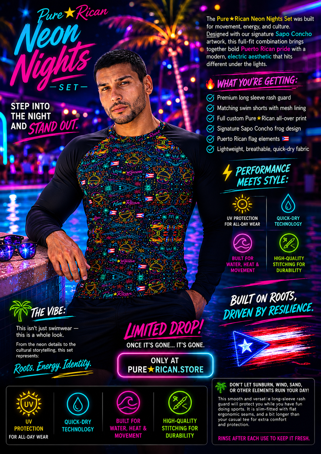 Premium lifestyle image of the Pure⭐️Rican Neon Nights Rash Guard Set worn by a model at a neon-lit pool party, featuring vibrant Sapo Concho artwork, performance fabric, and Puerto Rican-inspired styling.