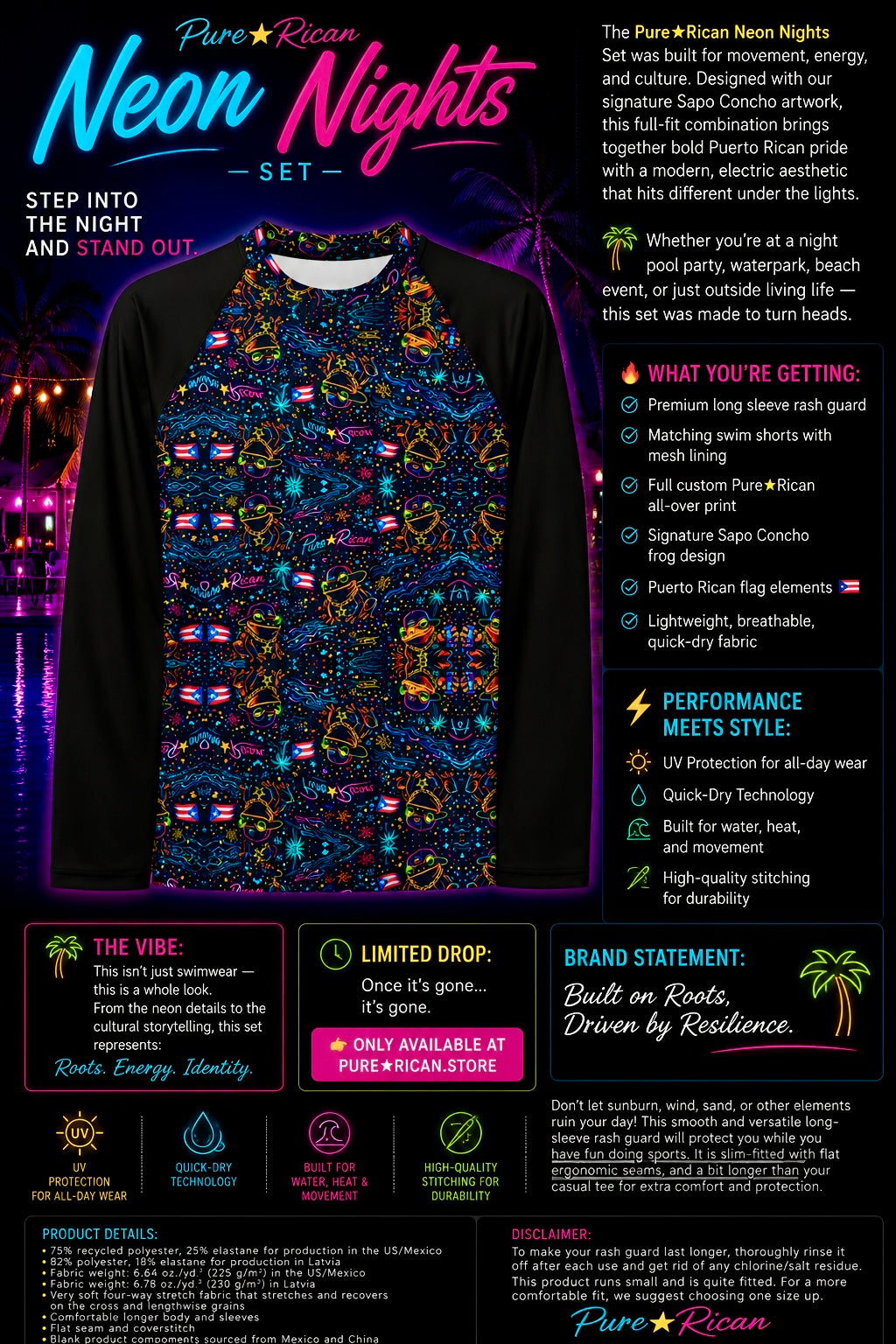 Front product display of the Pure⭐️Rican Neon Nights Rash Guard Set featuring slightly folded sleeves, neon Puerto Rican-inspired graphics, Sapo Concho artwork, and premium nightlife-inspired branding.