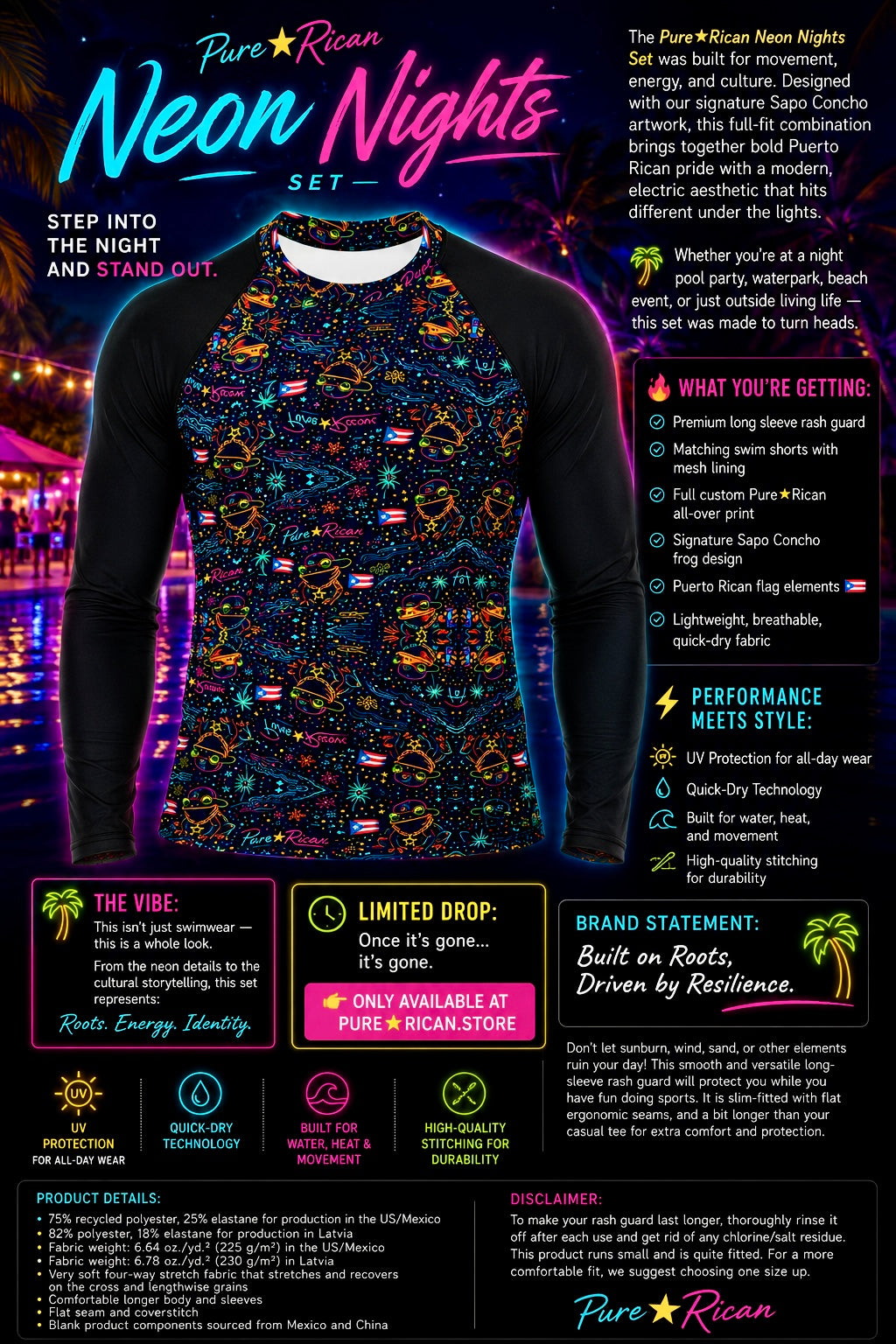 Premium front view of the Pure⭐️Rican Neon Nights Rash Guard Set featuring neon Sapo Concho artwork, Puerto Rican flag elements, black performance sleeves, and a vibrant neon pool party lifestyle backdrop.