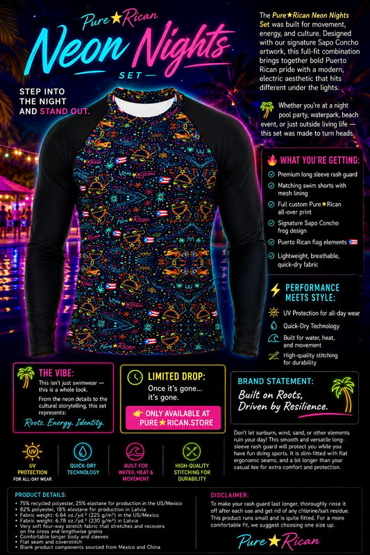 Premium front view of the Pure⭐️Rican Neon Nights Rash Guard Set featuring neon Sapo Concho artwork, Puerto Rican flag elements, black performance sleeves, and a vibrant neon pool party lifestyle backdrop.