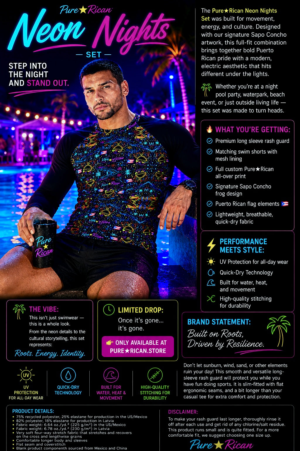 Male model wearing the Pure⭐️Rican Neon Nights long sleeve rash guard and swim shorts set while relaxing poolside at a neon-lit tropical night party. Features vibrant Sapo Concho artwork, Puerto Rican flag elements, quick-dry performance fabric, and bold electric summer styling under colorful neon lights.