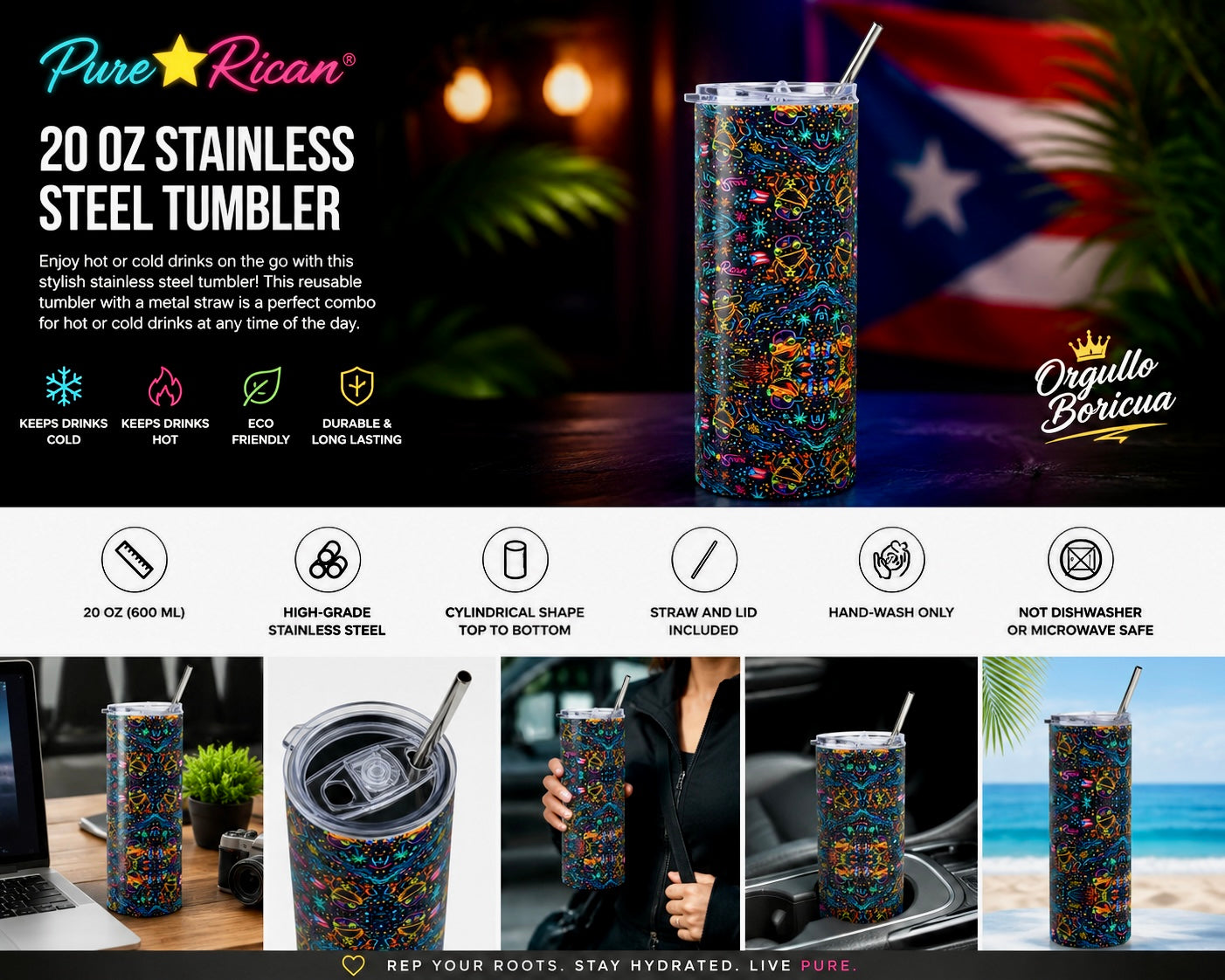 Pure⭐️Rican Neon Sapo Concho 20oz stainless steel tumbler with metal straw, lid, and colorful Puerto Rican-inspired all-over pattern.