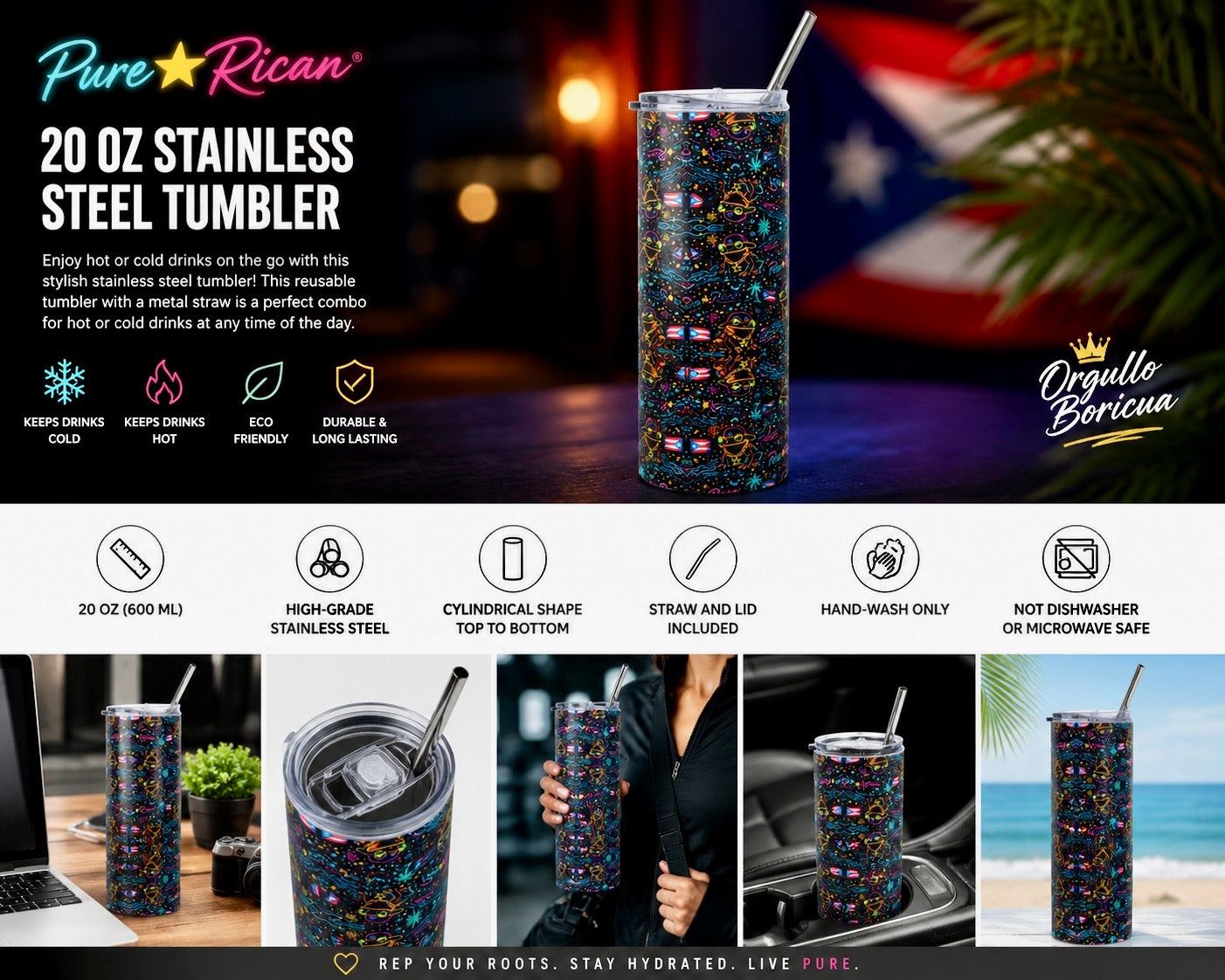 Pure⭐️Rican Neon Sapo Concho 20oz stainless steel tumbler with metal straw, lid, and colorful Puerto Rican-inspired all-over pattern.