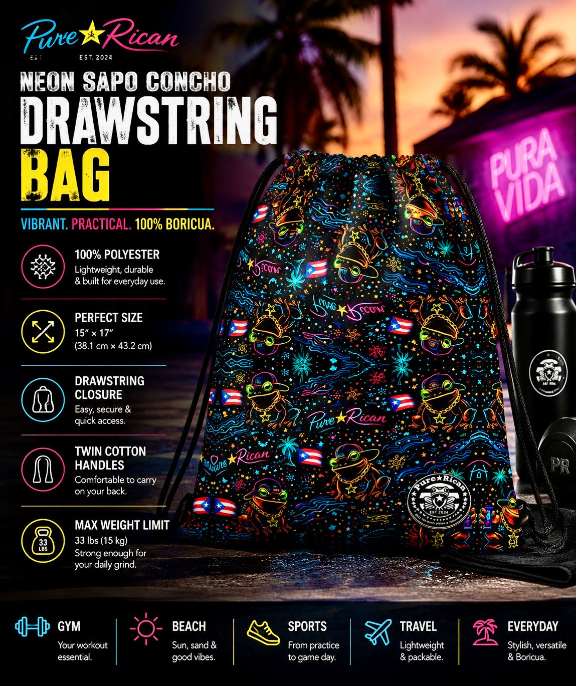 Front flat-lay product image of the Pure⭐️Rican Neon Sapo Concho Drawstring Bag featuring vibrant neon Sapo Concho frog artwork, Puerto Rican flags, palm trees, stars, island-inspired graphics, and bold colorful details on a black drawstring backpack.