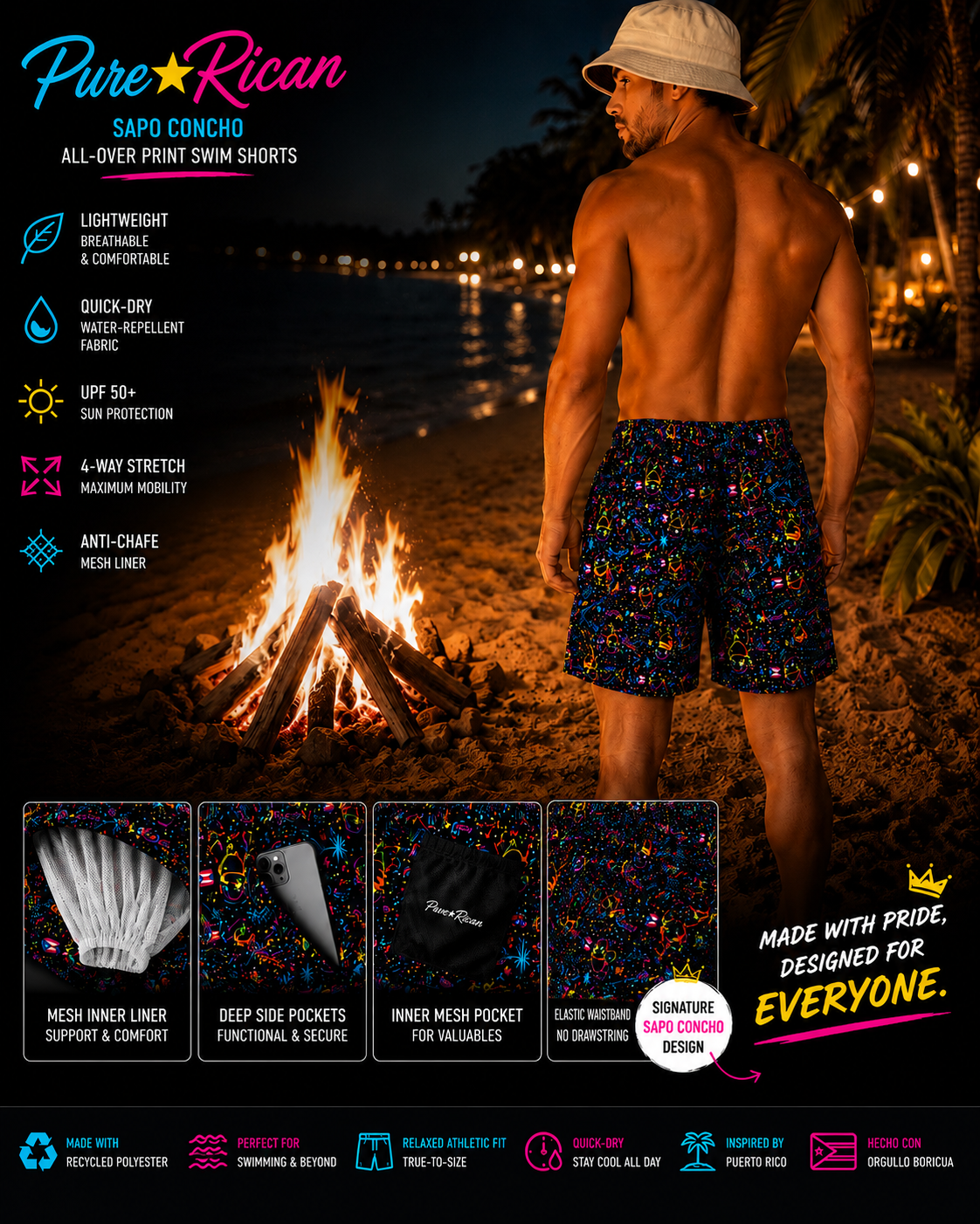 Back view of male model wearing Pure⭐️Rican Neon Sapo Concho Swim Shorts at a tropical nighttime beach with bonfire lighting, showcasing all-over neon Sapo Concho print, Puerto Rican-inspired design, quick-dry fabric, UPF 50+ protection, anti-chafe mesh liner, deep pockets, and signature Sapo Concho design detail near the shorts.