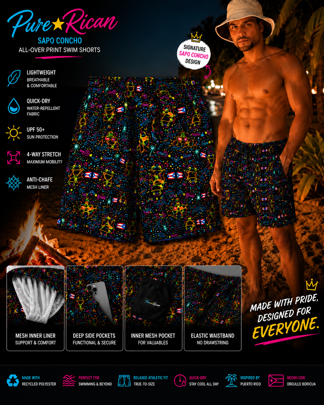Male model wearing Pure⭐️Rican Neon Sapo Concho Swim Shorts at a tropical nighttime beach with bonfire lighting, featuring front view product showcase, lightweight quick-dry fabric, UPF 50+ protection, four-way stretch, anti-chafe mesh liner, deep side pockets, inner mesh pocket, and signature Sapo Concho design detail.