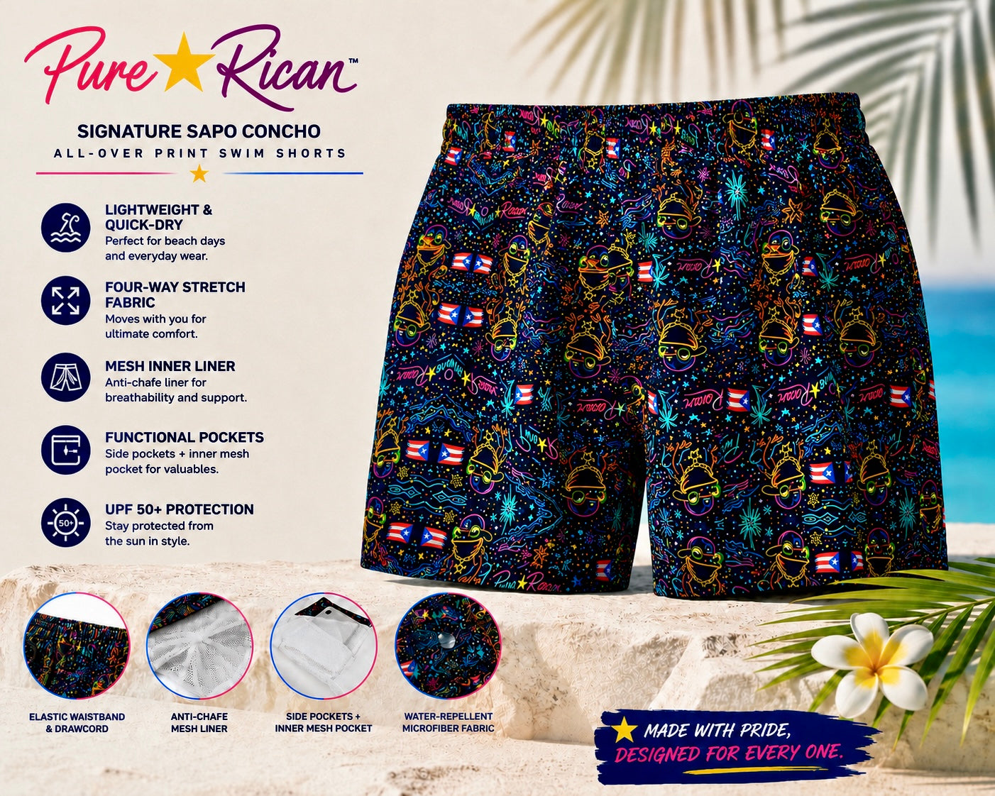Pure⭐️Rican Neon Sapo Concho swim shorts premium product showcase featuring Puerto Rican-inspired neon design, Sapo Concho mascot, quick-dry fabric, UPF 50+ protection, mesh liner, functional pockets, and tropical summer lifestyle imagery.