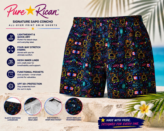 Pure⭐️Rican Neon Sapo Concho swim shorts premium product showcase featuring Puerto Rican-inspired neon design, Sapo Concho mascot, quick-dry fabric, UPF 50+ protection, mesh liner, functional pockets, and tropical summer lifestyle imagery.