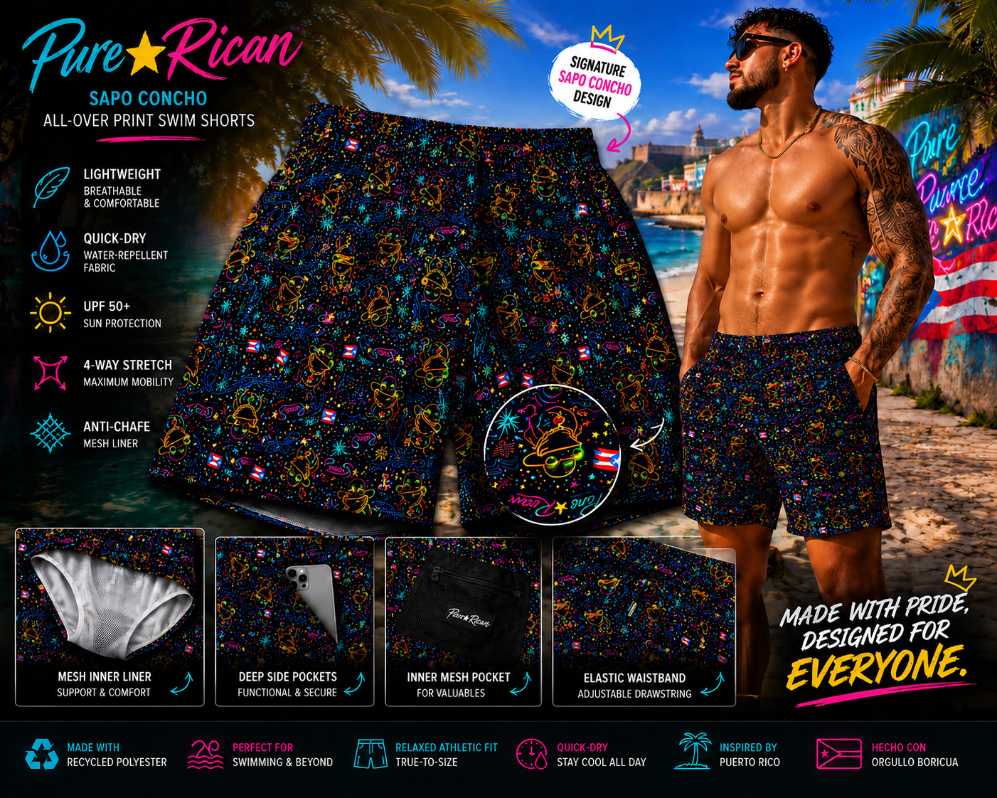Back view of male model wearing Pure⭐️Rican Neon Sapo Concho swim shorts at a tropical nighttime beach showing rear fit, all-over print detail, and Puerto Rican-inspired swimwe