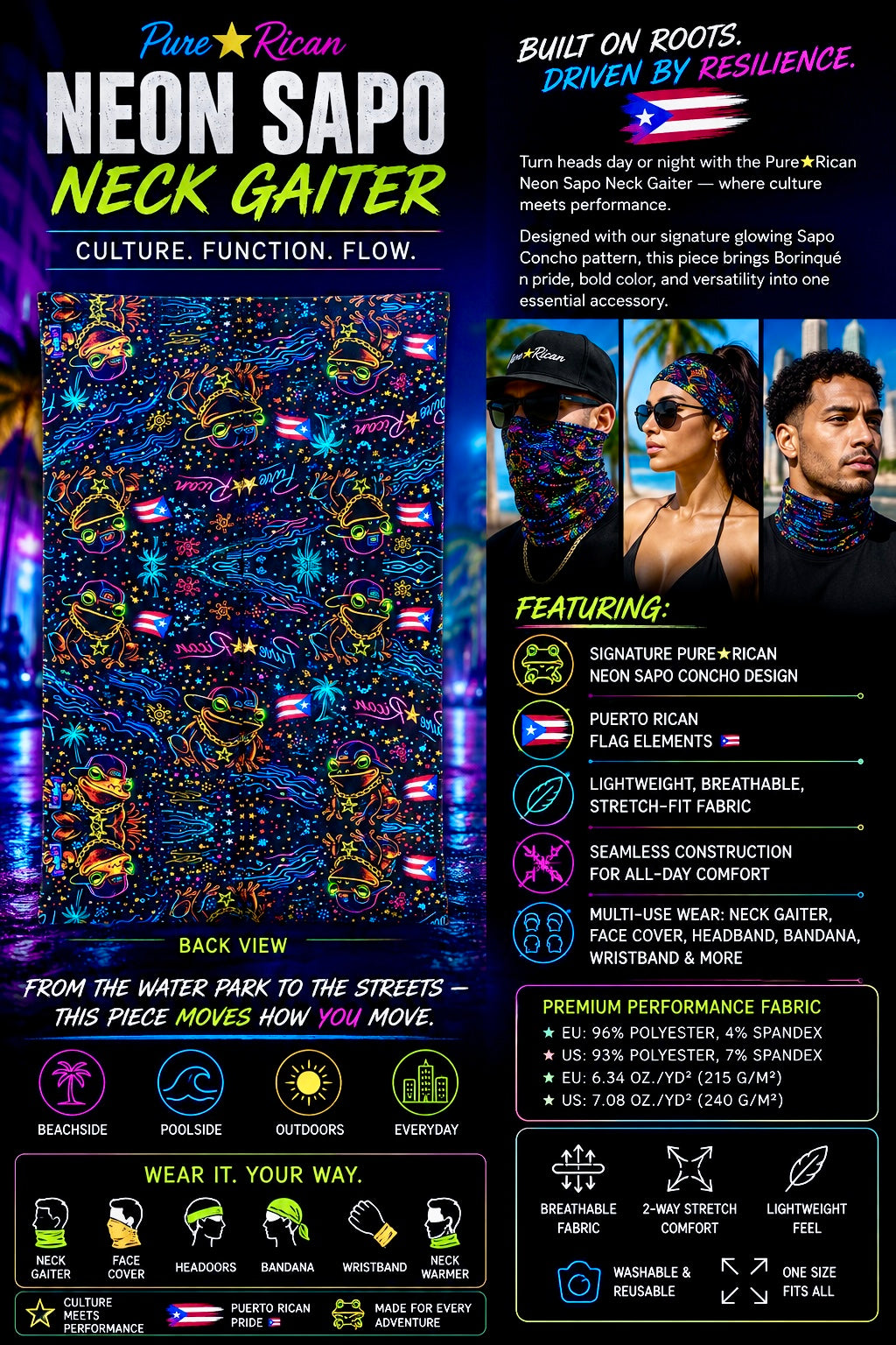 Back view of the Pure⭐️Rican Neon Sapo Neck Gaiter featuring vibrant neon Sapo Concho artwork, Puerto Rican flag details, breathable stretch fabric, and multi-use performance design for beach, outdoor, and everyday wear.