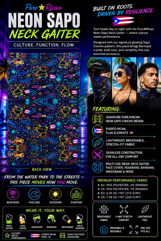 Back view of the Pure⭐️Rican Neon Sapo Neck Gaiter featuring vibrant neon Sapo Concho artwork, Puerto Rican flag details, breathable stretch fabric, and multi-use performance design for beach, outdoor, and everyday wear.