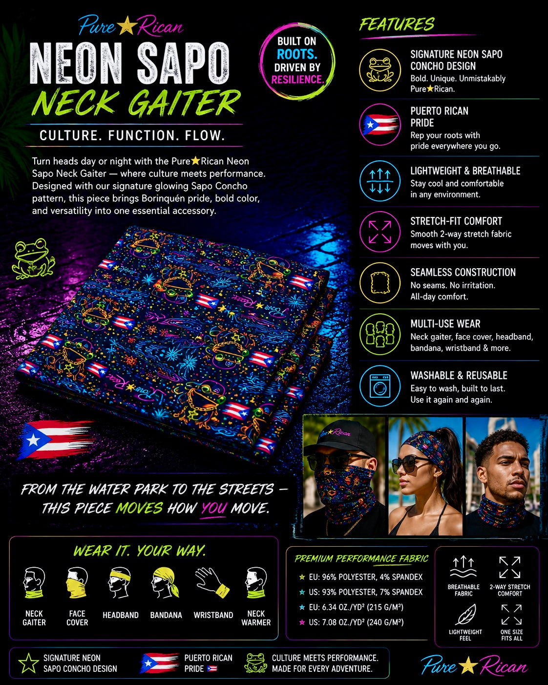 Folded view of the Pure⭐️Rican Neon Sapo Neck Gaiter highlighting neon tropical Sapo Concho artwork, Puerto Rican-inspired graphics, breathable performance fabric, and travel-ready compact design.