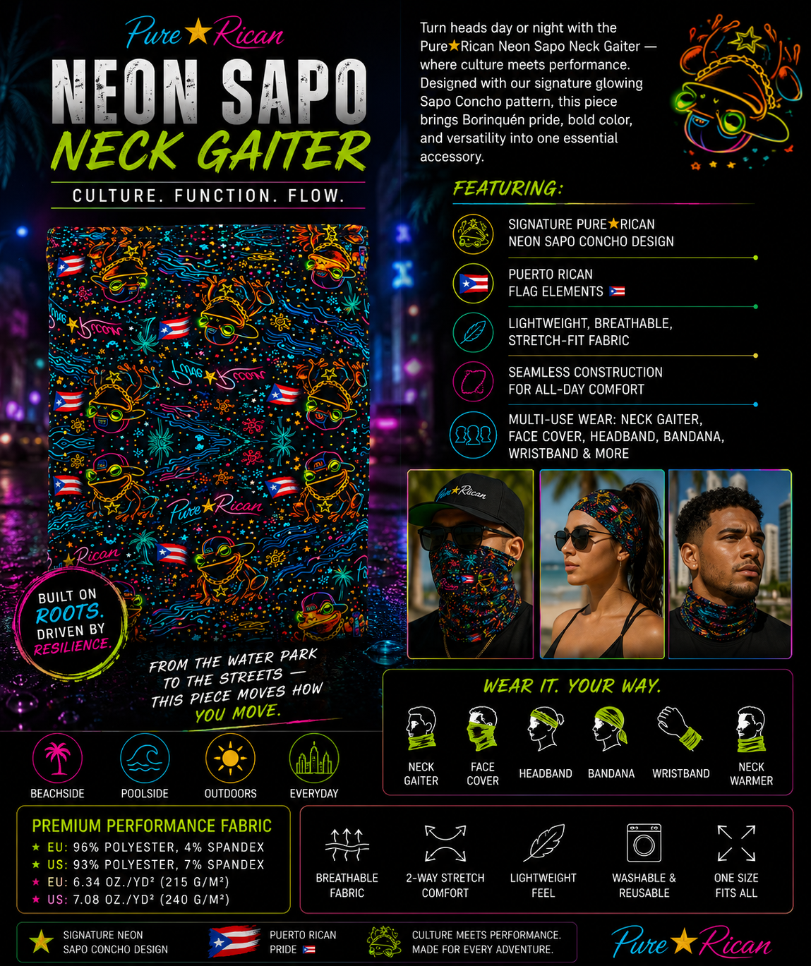 Front view of the Pure⭐️Rican Neon Sapo Neck Gaiter showcasing colorful neon Sapo Concho graphics, Puerto Rican pride elements, breathable lightweight material, and versatile multi-use wear.