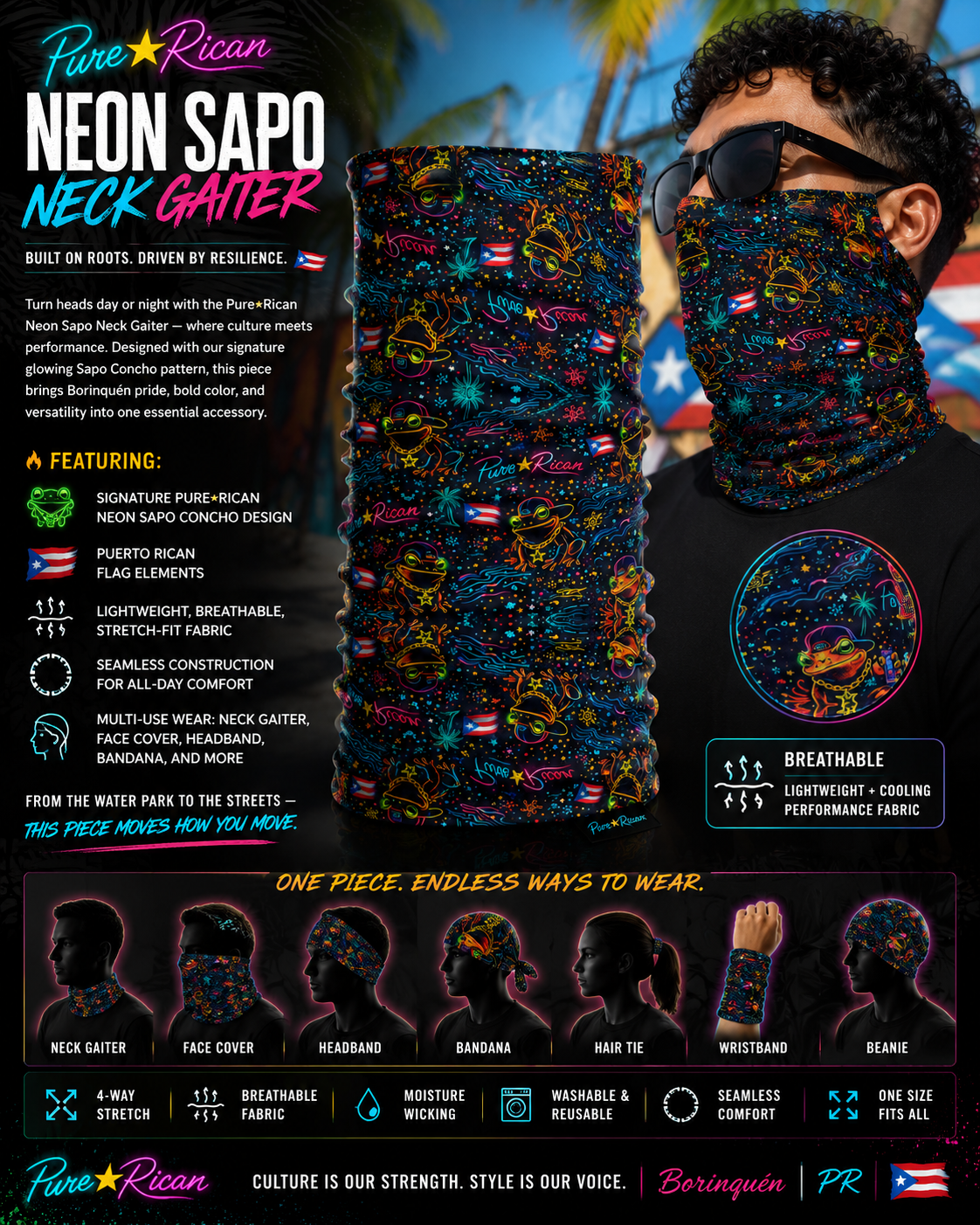 Model wearing the Pure⭐️Rican Neon Sapo Neck Gaiter featuring bold neon Sapo Concho graphics, Puerto Rican flag elements, breathable performance fabric, and versatile street-to-beach styling.