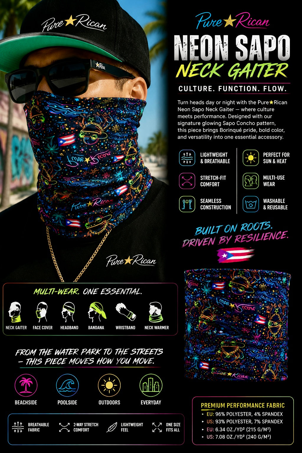 Premium overview graphic of the Pure⭐️Rican Neon Sapo Neck Gaiter showcasing neon Sapo Concho artwork, Puerto Rican pride details, breathable stretch material, multi-use versatility, and lightweight performance comfort.