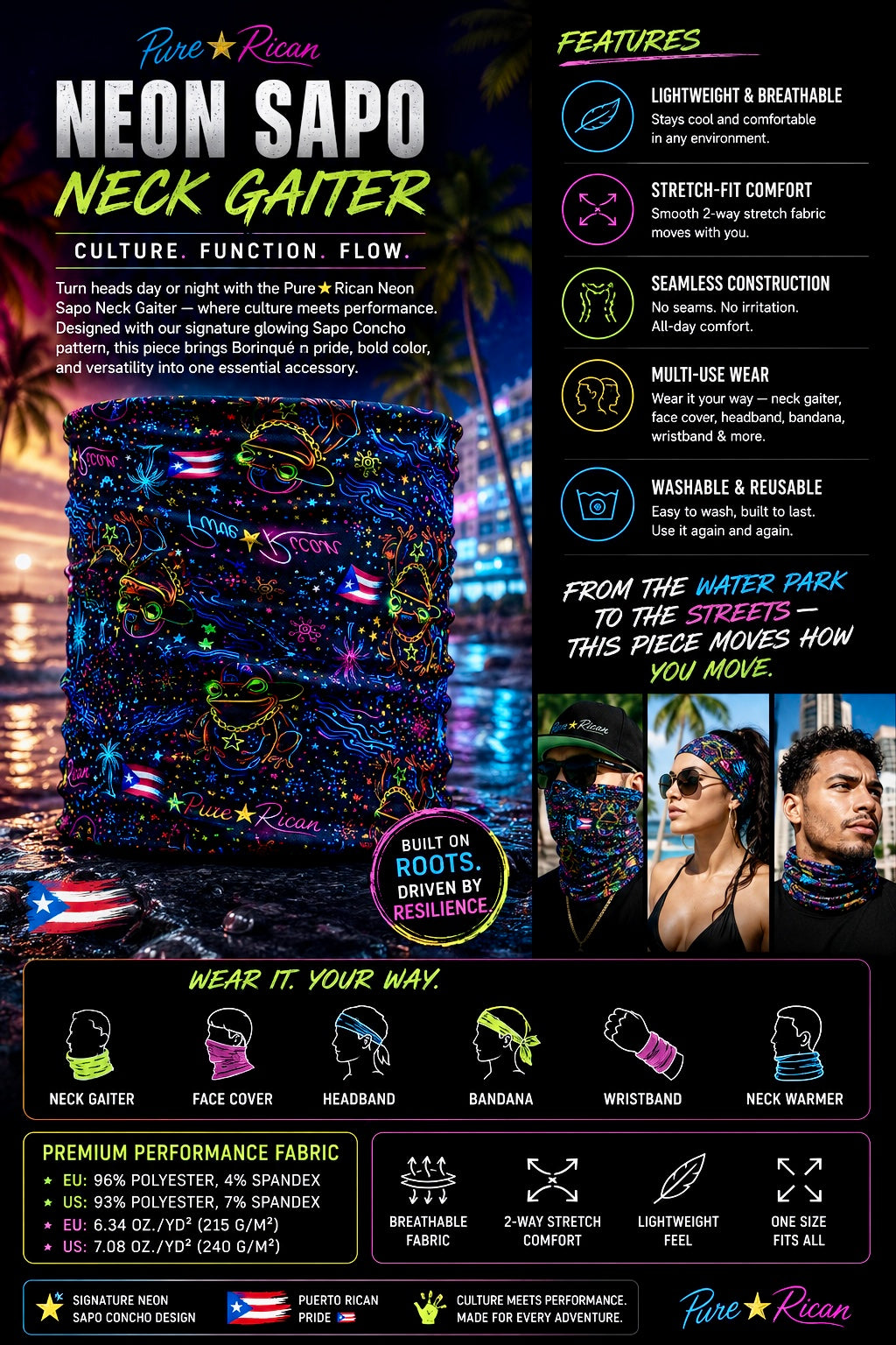 Pure⭐️Rican Neon Sapo Neck Gaiter displayed at a neon-lit water park environment featuring vibrant Puerto Rican-inspired Sapo artwork, lightweight breathable material, and summer lifestyle appeal.