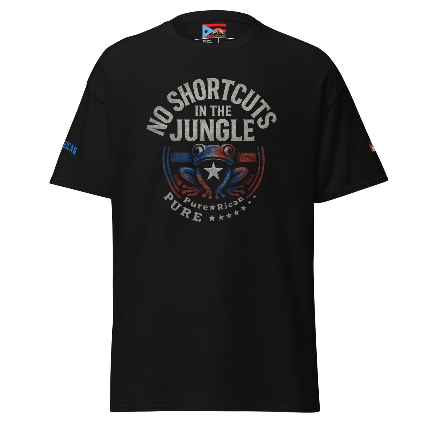 Pure⭐️Rican No Shortcut’s in the Jungle tee front view – Puerto Rican motivational shirt
