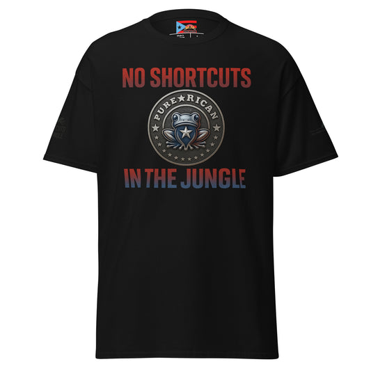 Pure⭐️Rican No Shortcuts in the Jungle tee front view – Puerto Rican motivational streetwear