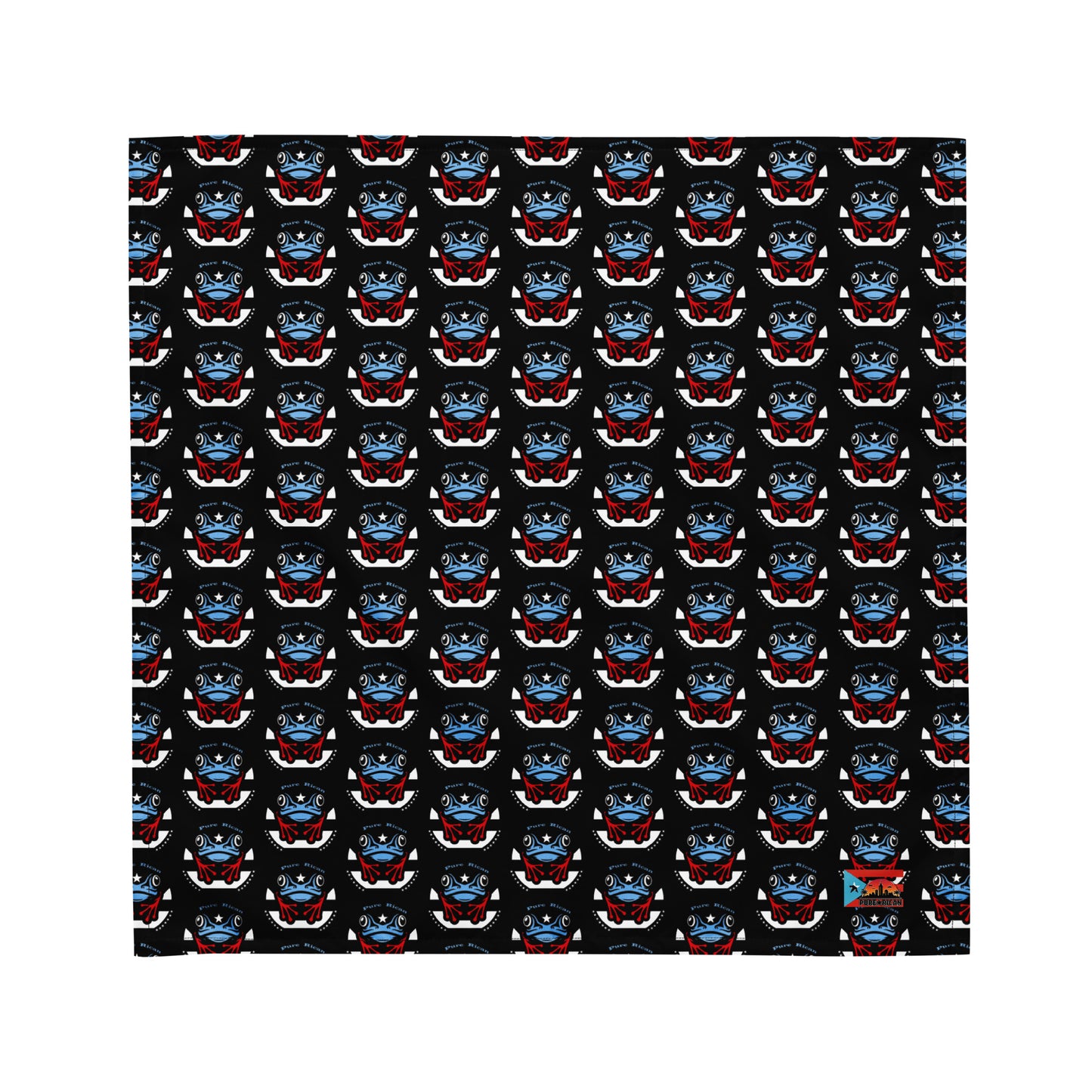 Pure⭐️Rican OG Coquí bandana laid flat, featuring a black background with an all-over repeat coquí frog pattern in red, blue, and white cultural accents