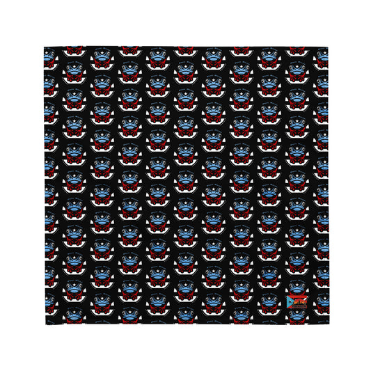 Pure⭐️Rican OG Coquí bandana laid flat, featuring a black background with an all-over repeat coquí frog pattern in red, blue, and white cultural accents