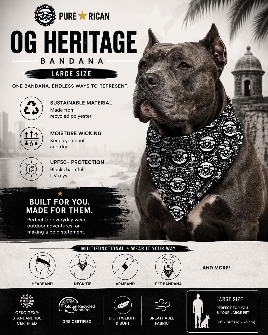 Dog wearing the Pure⭐️Rican OG Heritage black and white Puerto Rican pattern bandana