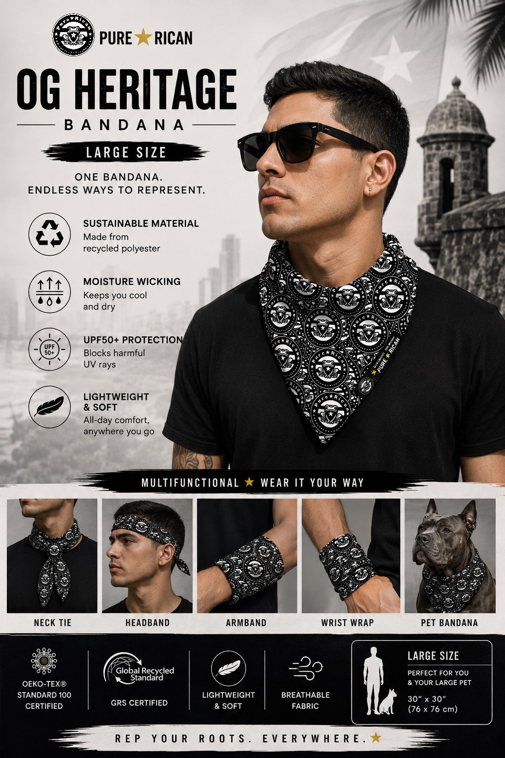 Male model wearing the Pure⭐️Rican OG Heritage Puerto Rican black and white multifunction bandana as a neck accessory
