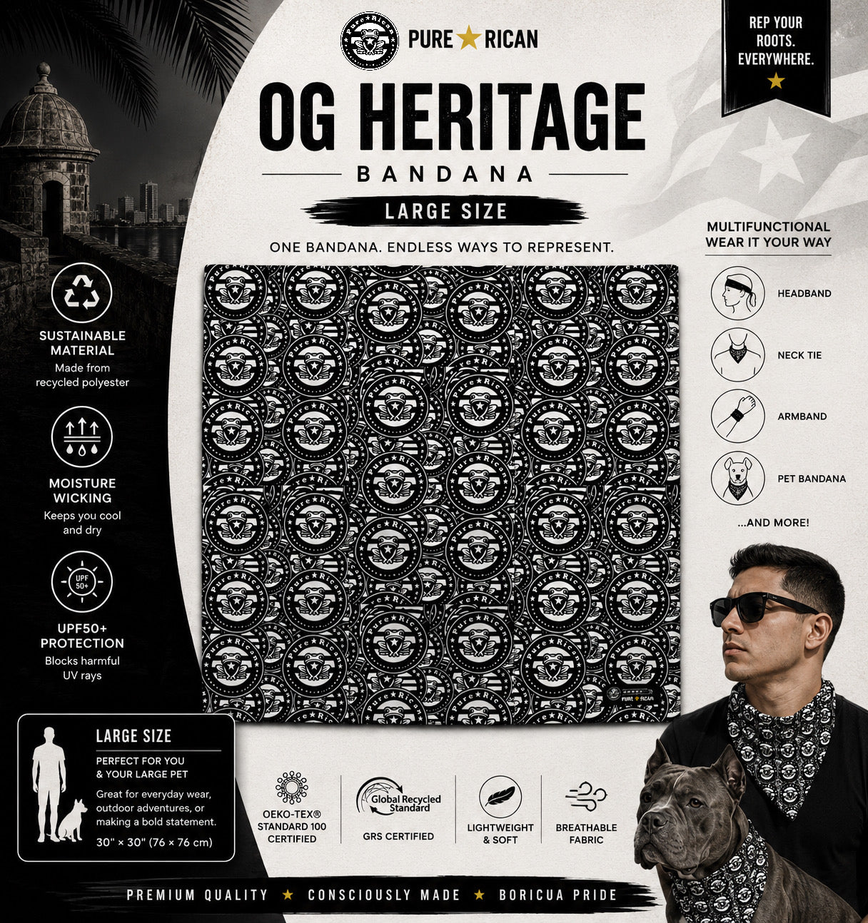 Pure⭐️Rican OG Heritage bandana shown as headband, neck tie, wrist wrap, armband, and pet bandana styling options