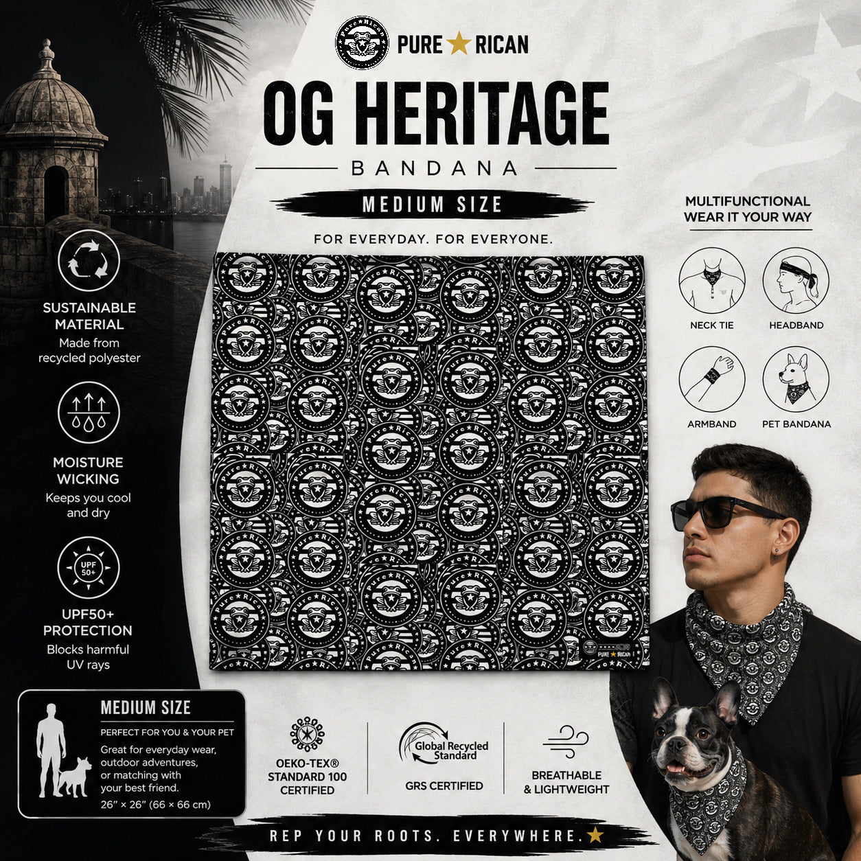 Pure⭐️Rican OG Heritage bandana shown as headband, neck tie, wrist wrap, armband, and pet bandana styling options