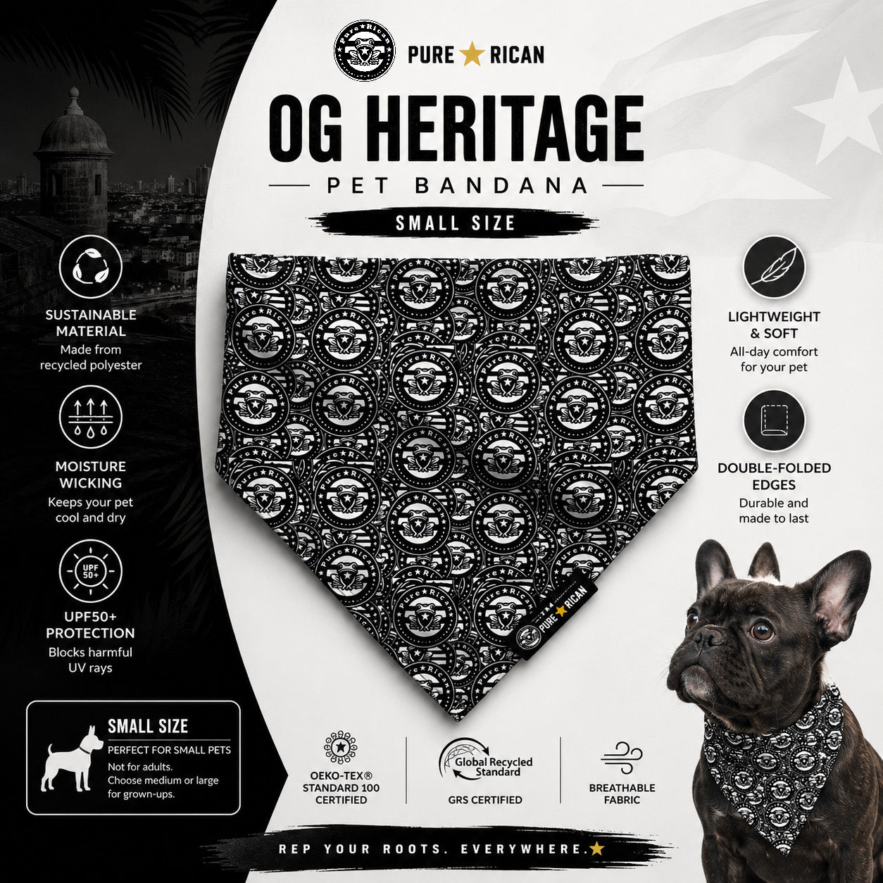 Pure⭐️Rican OG Heritage black and white multifunction bandana featuring signature Puerto Rican heritage seal pattern