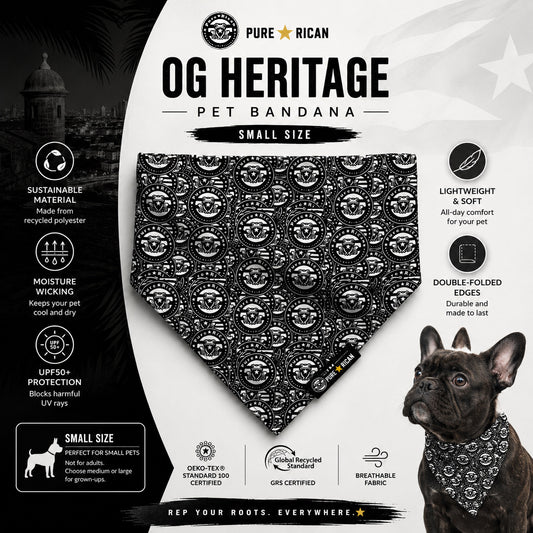 Pure⭐️Rican OG Heritage black and white multifunction bandana featuring signature Puerto Rican heritage seal pattern