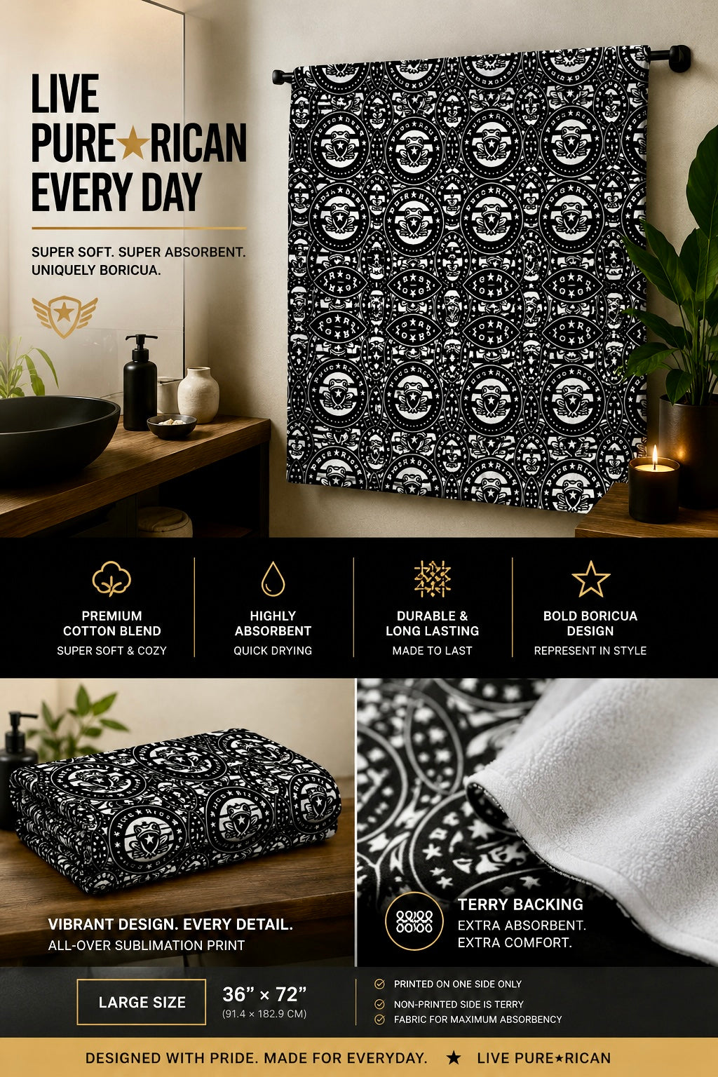 Large size Pure⭐️Rican OG Heritage premium towel hanging in a modern bathroom with bold black and white Puerto Rican-inspired crest pattern, soft terry backing, and premium absorbent fabric.