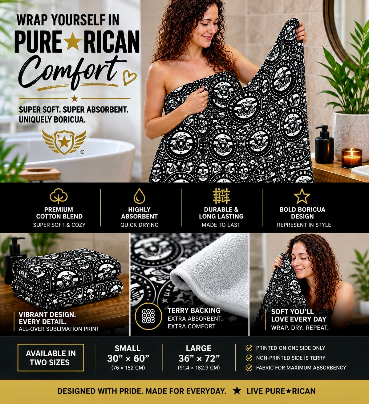 Women model wrapped in the Pure⭐️Rican OG Heritage premium sublimation towel featuring Puerto Rican-inspired black and white crest artwork with soft terry backing and premium comfort.