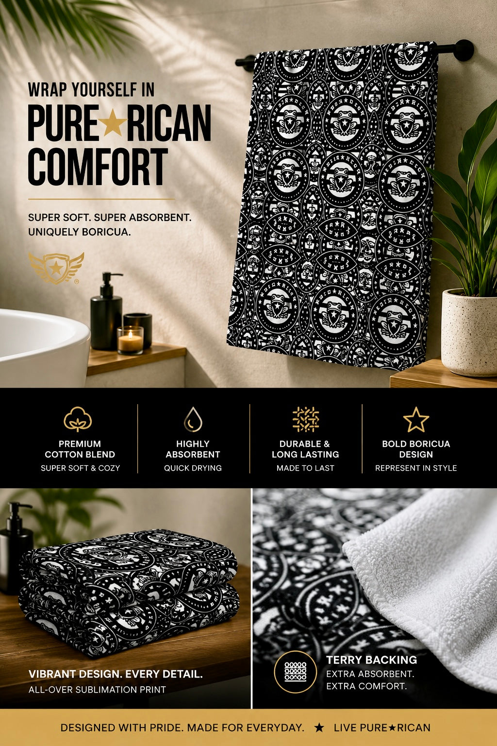 Pure⭐️Rican OG Heritage premium sublimation towel displayed in a luxury bathroom setting featuring black and white Puerto Rican-inspired crest artwork, soft cotton blend material, and terry backing for maximum absorbency.