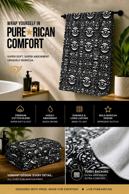 Pure⭐️Rican OG Heritage premium sublimation towel displayed in a luxury bathroom setting featuring black and white Puerto Rican-inspired crest artwork, soft cotton blend material, and terry backing for maximum absorbency.