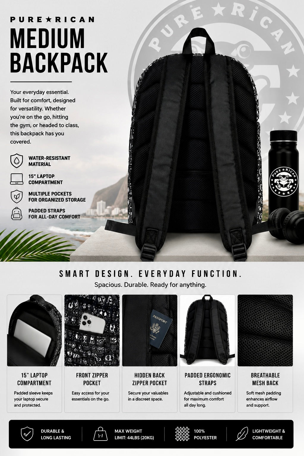 Back view of the Pure⭐️Rican OG Logo Pattern Medium Backpack featuring padded ergonomic shoulder straps, breathable mesh back panel, adjustable straps, and premium everyday comfort.