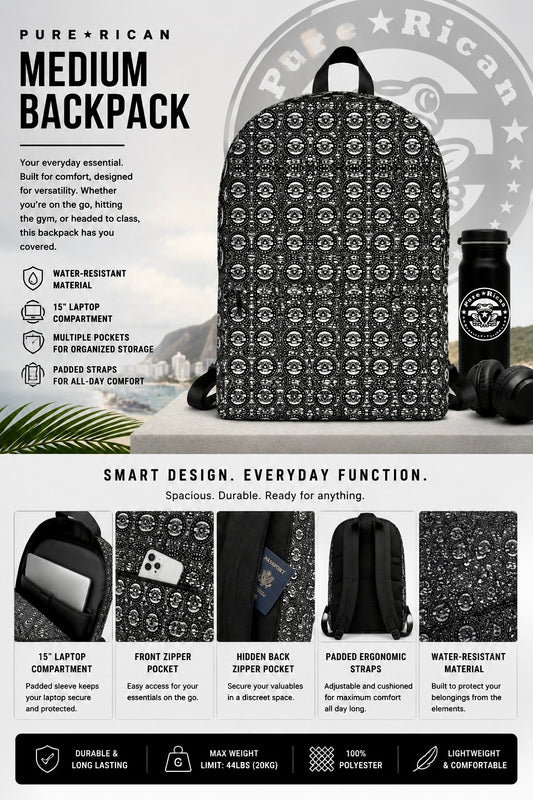 Front view of the Pure⭐️Rican OG Logo Pattern Medium Backpack featuring an all-over black and white OG logo print, water-resistant material, laptop compartment, ergonomic straps, and everyday travel-ready design.