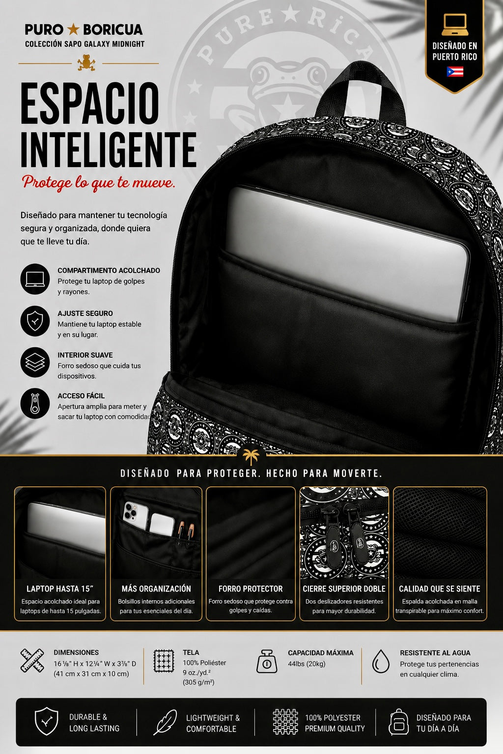 Close-up interior view of the Pure⭐️Rican OG Logo Pattern Medium Backpack showing the padded laptop sleeve compartment designed to securely fit laptops up to 15 inches with soft protective lining.