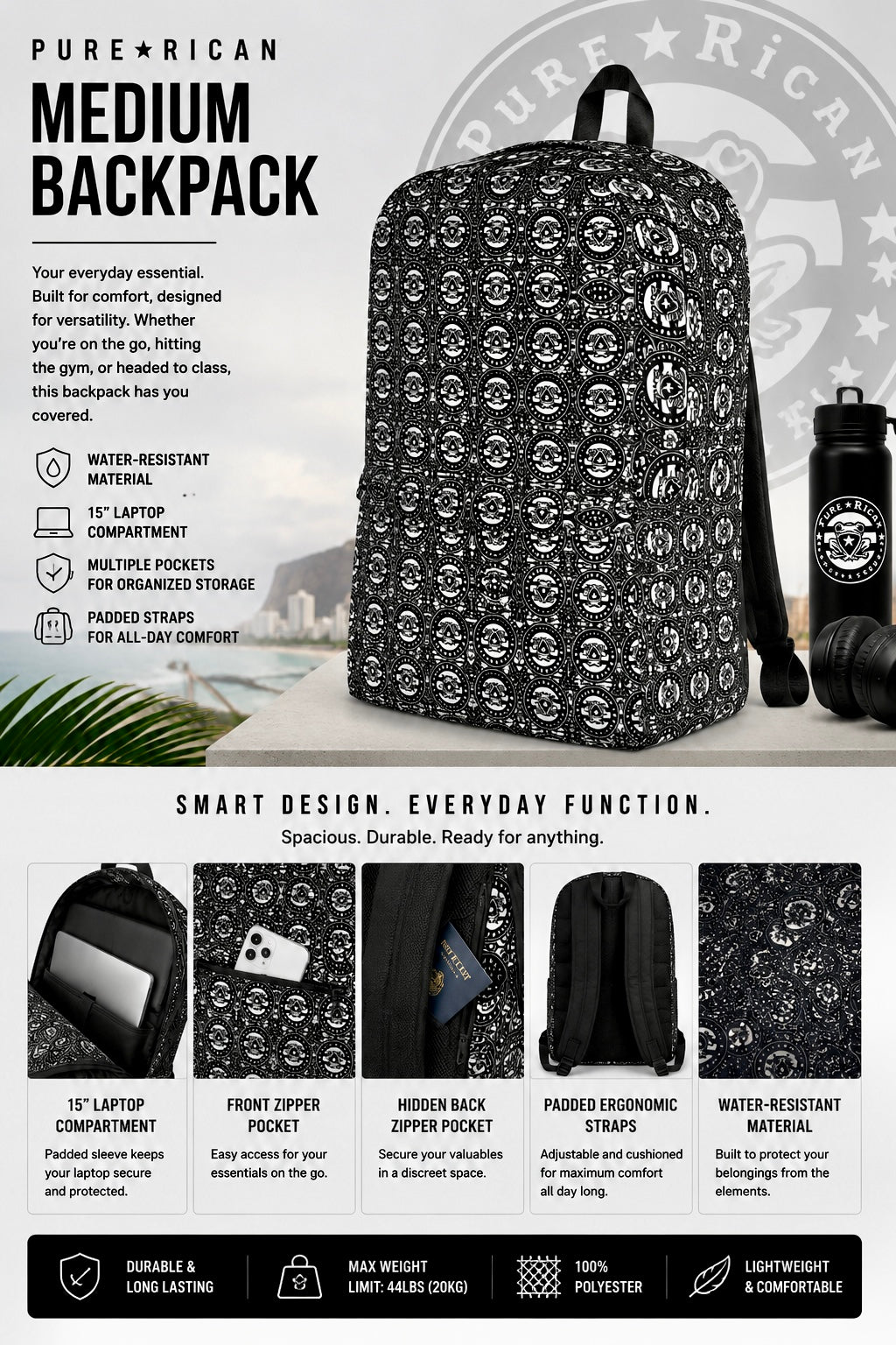 Right side angle view of the Pure⭐️Rican OG Logo Pattern Medium Backpack showcasing the all-over OG logo print, sleek profile, spacious design, and durable water-resistant material.