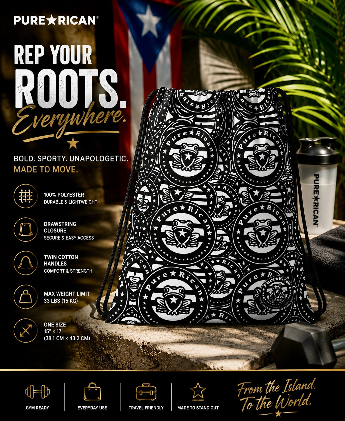 Premium front-view promotional image of the Pure⭐️Rican Original Logo All-Over Print Drawstring Bag featuring bold monochrome Puerto Rican-inspired artwork with the signature Pure⭐️Rican Sapo Concho logo pattern. Styled in a luxury tropical fitness-inspired setting with Puerto Rican pride visuals, palm leaves, and premium product feature callouts highlighting durability, lightweight polyester fabric, secure drawstring closure, and everyday versatility.