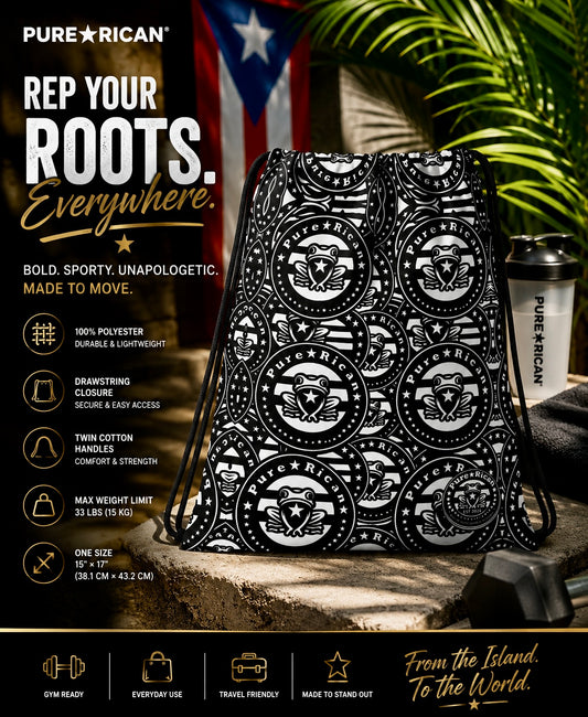 Premium front-view promotional image of the Pure⭐️Rican Original Logo All-Over Print Drawstring Bag featuring bold monochrome Puerto Rican-inspired artwork with the signature Pure⭐️Rican Sapo Concho logo pattern. Styled in a luxury tropical fitness-inspired setting with Puerto Rican pride visuals, palm leaves, and premium product feature callouts highlighting durability, lightweight polyester fabric, secure drawstring closure, and everyday versatility.
