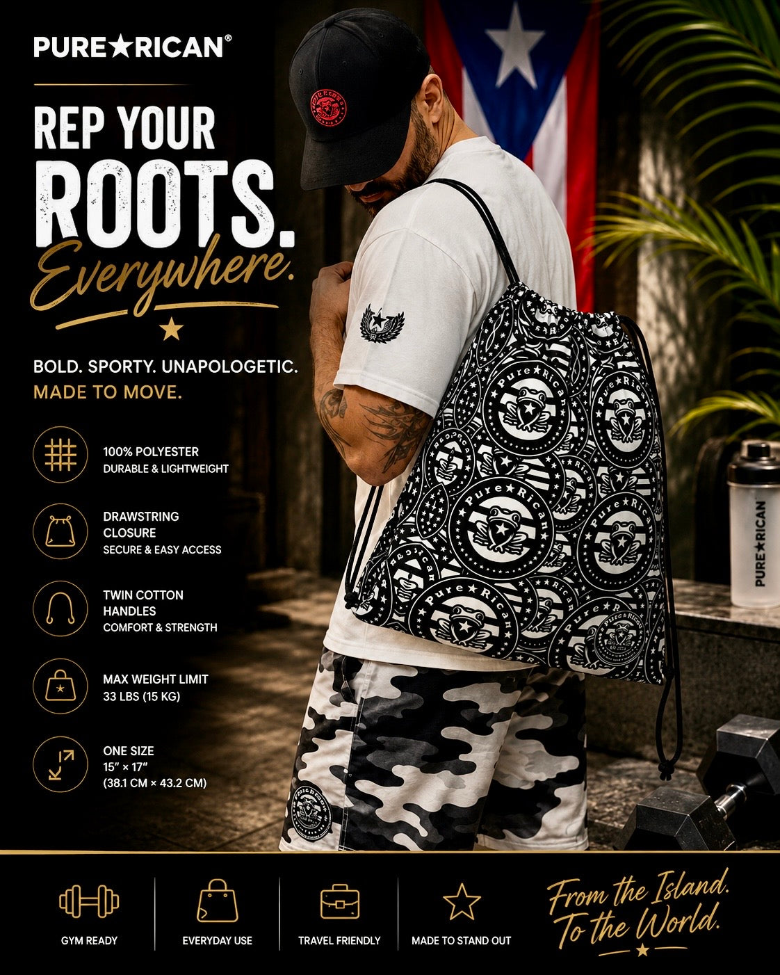 Premium lifestyle image of a model wearing the Pure⭐️Rican Original Logo All-Over Print Drawstring Bag over the shoulder in a gym-inspired tropical setting. Features bold black-and-white Pure⭐️Rican logo artwork, Puerto Rican flag backdrop, palm leaves, fitness props, and premium feature callouts emphasizing lightweight polyester construction, drawstring closure, twin cotton handles, travel-friendly functionality, and Puerto Rican streetwear culture.