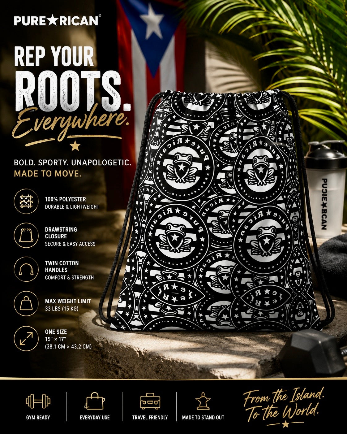 Premium lifestyle promotional image of the Pure⭐️Rican Original Logo All-Over Print Drawstring Bag displayed in a tropical gym-inspired setting featuring Puerto Rican flag elements, palm leaves, fitness accessories, and bold black-and-white Pure⭐️Rican Sapo Concho logo artwork. Includes premium feature callouts for lightweight polyester construction, drawstring closure, twin cotton handles, 33 lb carrying capacity, and versatile gym, travel, beach, and everyday use.