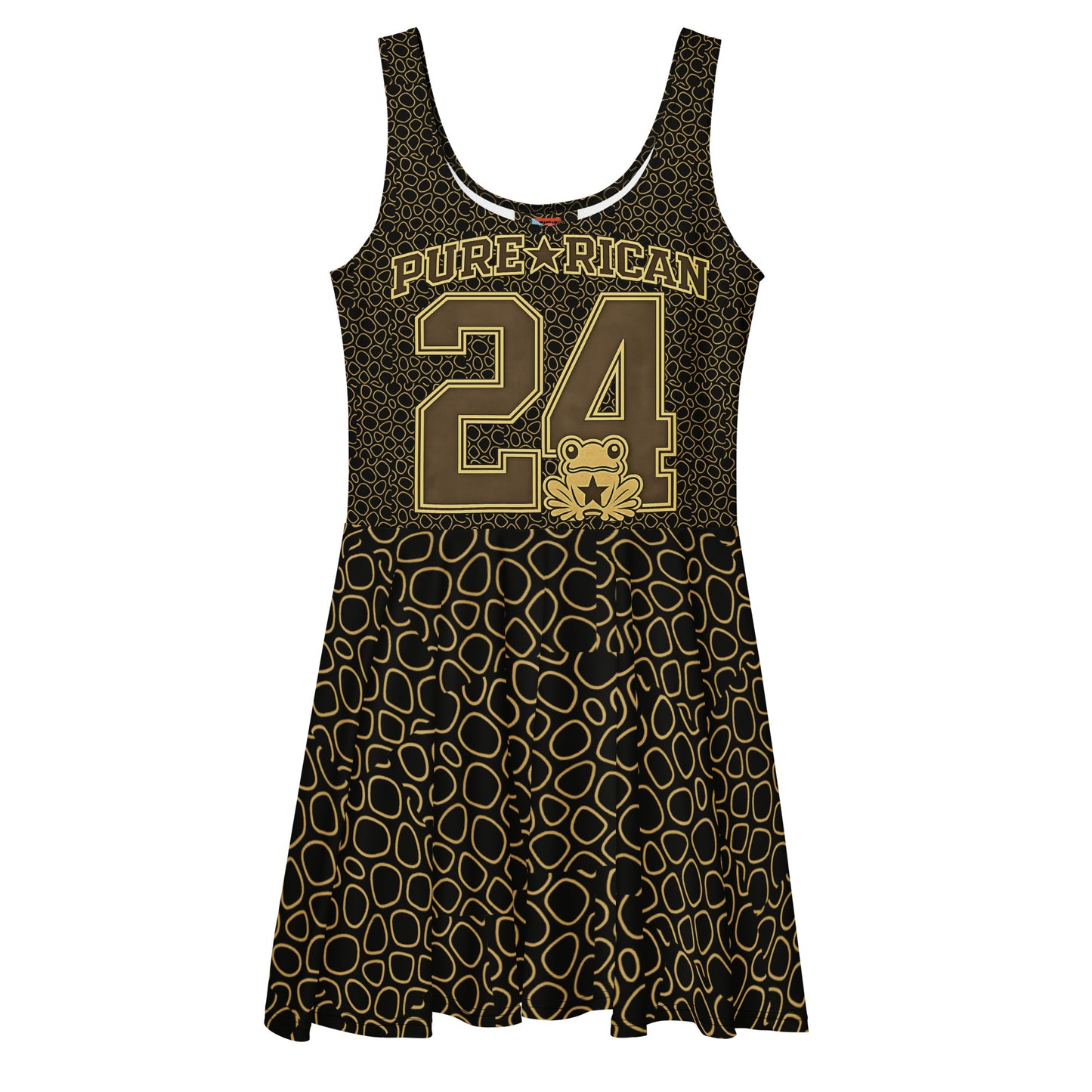 Pure⭐️Rican Oro Sapo Skin Sleeveless Fit and Flare Dress front view in black and gold