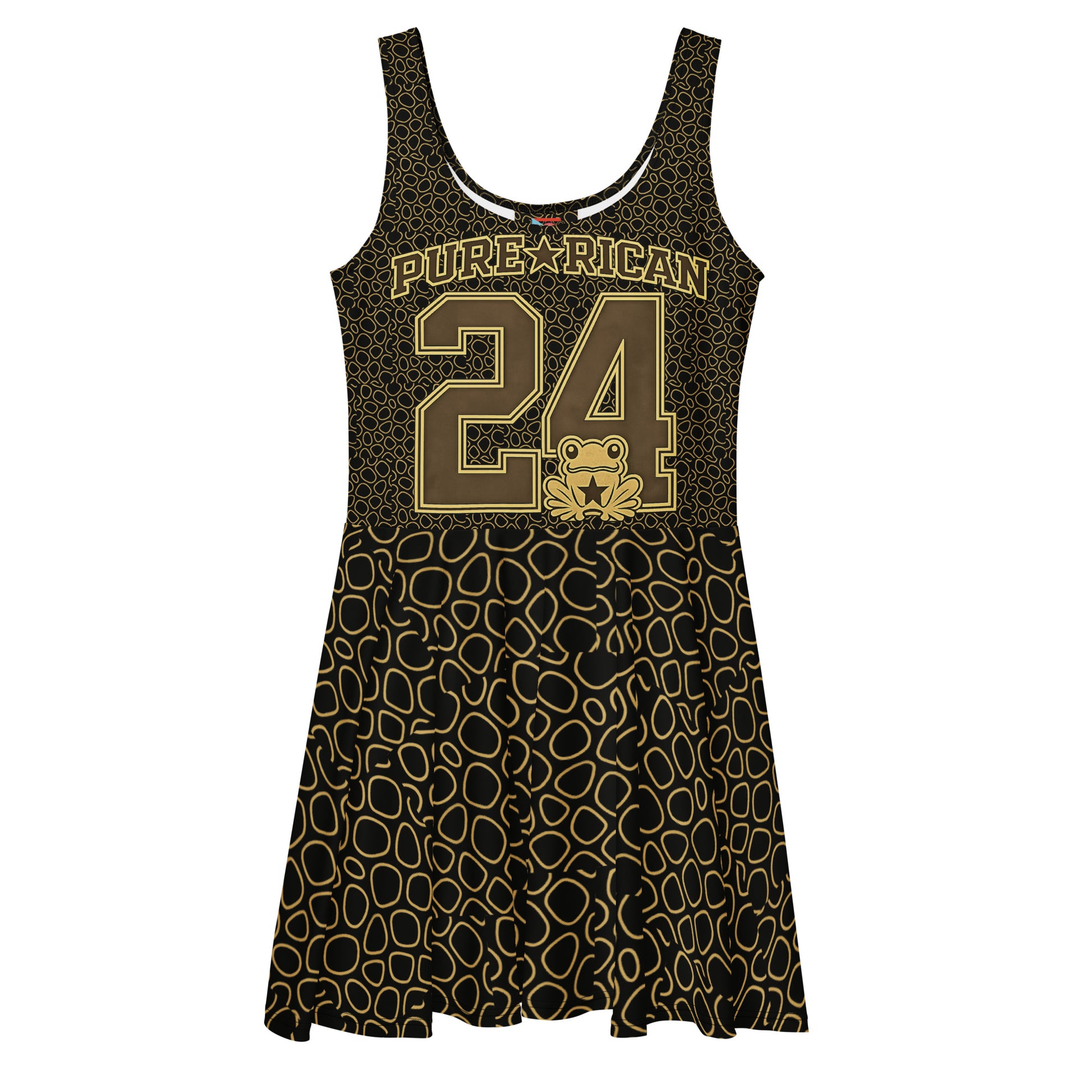 Pure⭐️Rican Oro Sapo Skin Sleeveless Fit and Flare Dress front view in black and gold