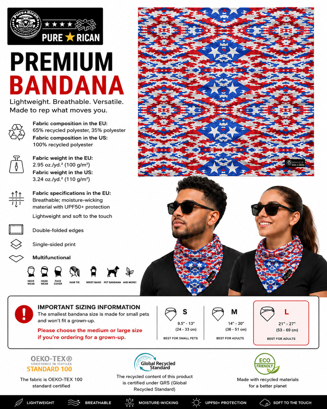 Male and female models wearing the Pure⭐️Rican patriotic camo multifunctional bandana showing large adult sizing and multifunctional wear.
